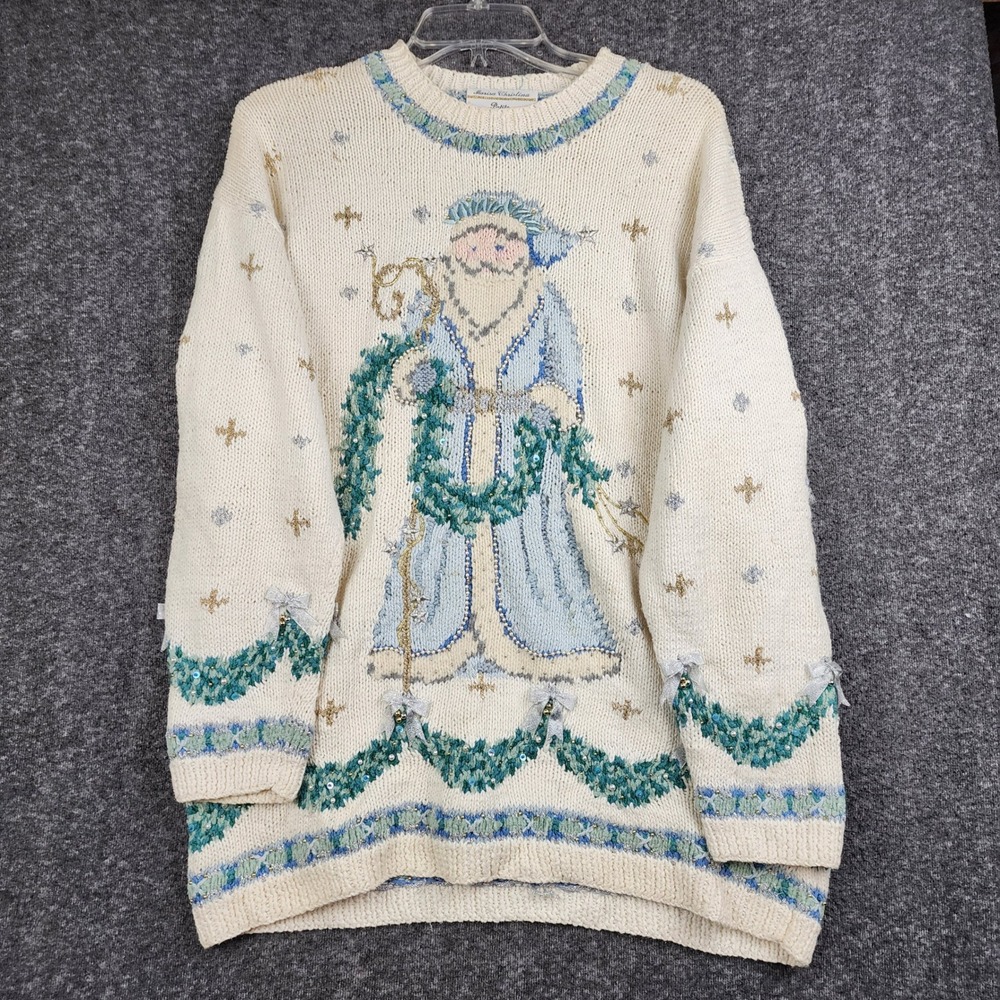 Marisa Christina Christmas Sweater Women PM White Vintage 1995 Santa Beaded Bows